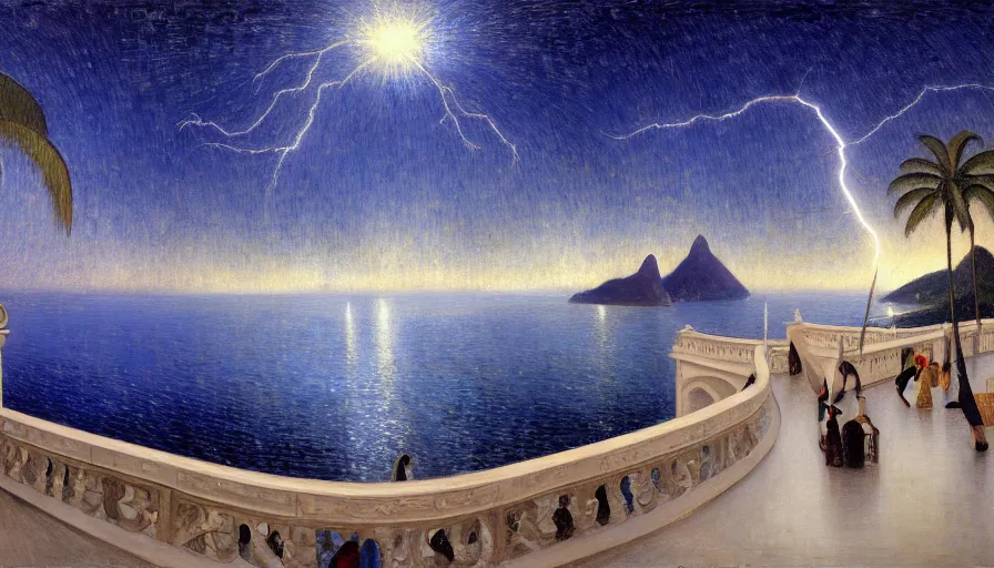 Image similar to a ultradetailed beautiful painting of the night sky of the rio de janeiro palace balustrade designed by tarsila do amaral, jules bastien - lepage, frank weston and gustave baumann, beach, trending on artstation, mediterranean, palm trees, sharp focus, lightning star sparkles refraced lines, soft light, 8 k