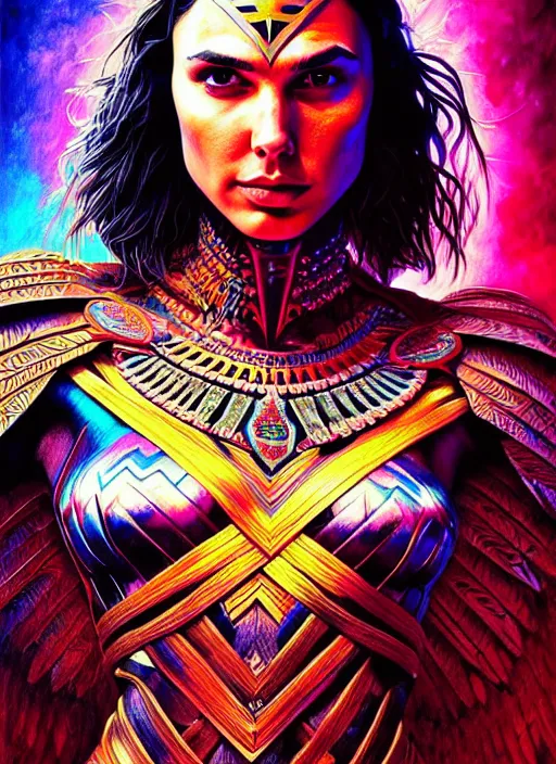 Image similar to portrait of gal gadot, hyper detailed ultra sharp aztec shaman warrior. trending on artstation, warpaint aesthetic, bloodwave, colorful, psychedelic, ornate, intricate, digital painting, concept art, smooth, sharp focus, illustration, art by artgerm and greg rutkowski and h. r. giger, 8 k