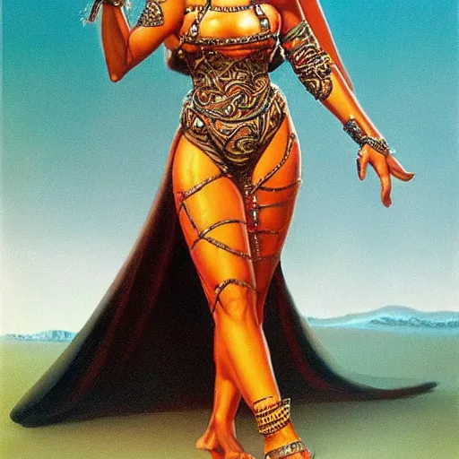 Prompt: alluring byzantine aztec concubine dressed in gauze, science fiction concept art by boris vallejo