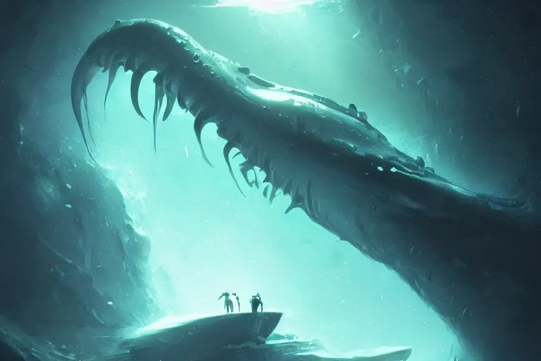 Prompt: bioluminescent giant squid, cinematic, dramatic lighting, digital art, artstation, greg rutkowski