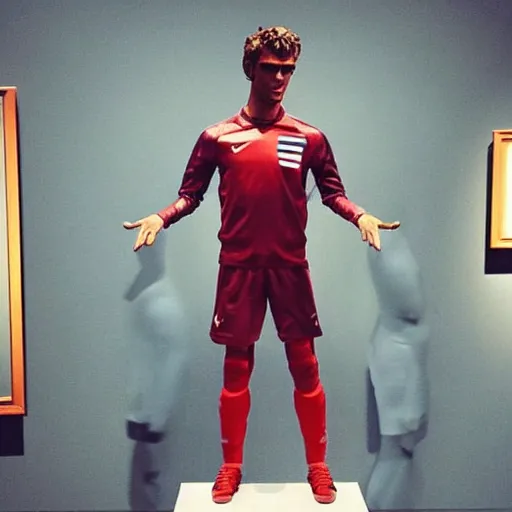 Image similar to “ a realistic detailed photo of a guy who is an attractive humanoid who is half robot and half humanoid, who is a male android, soccer player antoine griezmann, shiny skin, posing like a statue, blank stare, at the museum, on display ”