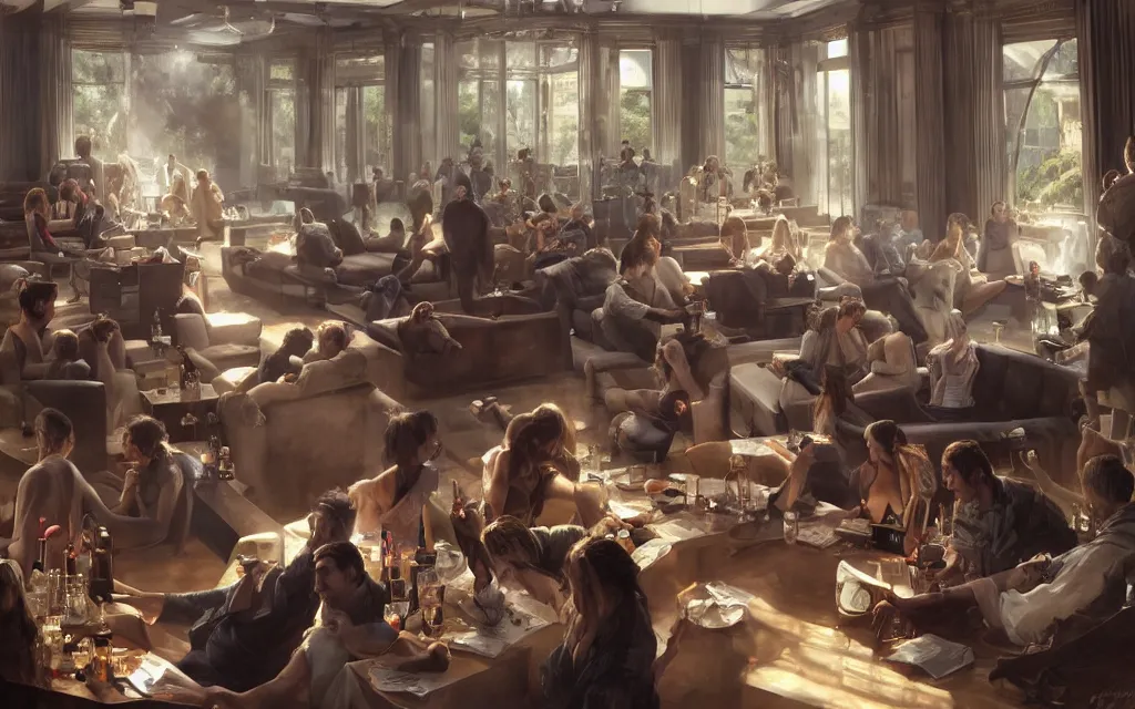 Image similar to epic masterpiece of cinematographic hyperrealism where a lot of people communicating with each other in a large lounge. realistic shaded lighting poster by craig mallismo, artgerm, jeremy lipkin and michael garmash, unreal engine, radiant light, detailed and intricate environment, digital art, art station trends