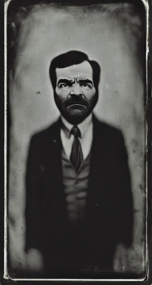 Prompt: a wet plate photograph, a portrait of Jim Jones