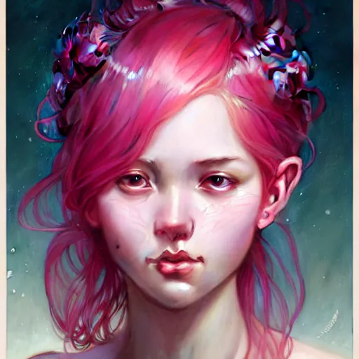 Prompt: Portrait of a eurasian girl with pink hair, glowing skin, fantasy, intricate, elegant, highly detailed, digital painting, artstation, concept art, smooth, sharp focus, illustration, art by Krenz Cushart and Artem Demura and alphonse mucha