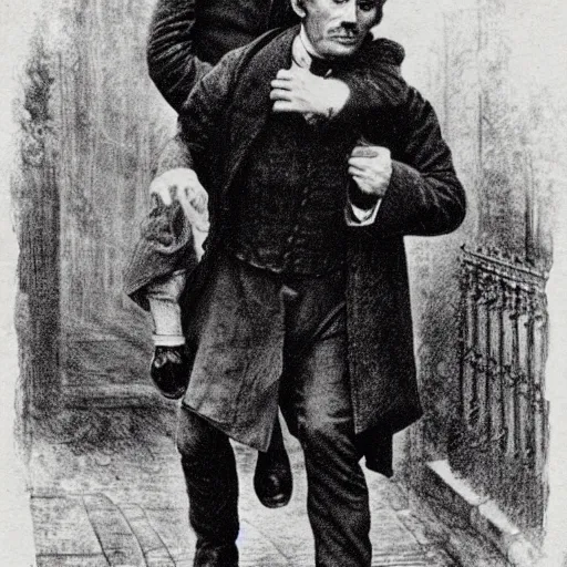 Image similar to Sherlock Holmes carrying Dr Watson on his back in the style of Sidney Paget