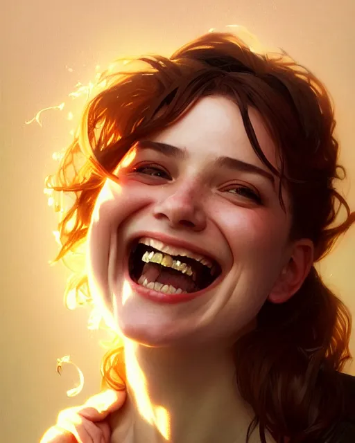 Image similar to portrait of megan laughing, intricate, headshot, highly detailed, digital painting, artstation, concept art, sharp focus, cinematic lighting, illustration, art by artgerm and greg rutkowski, alphonse mucha, cgsociety