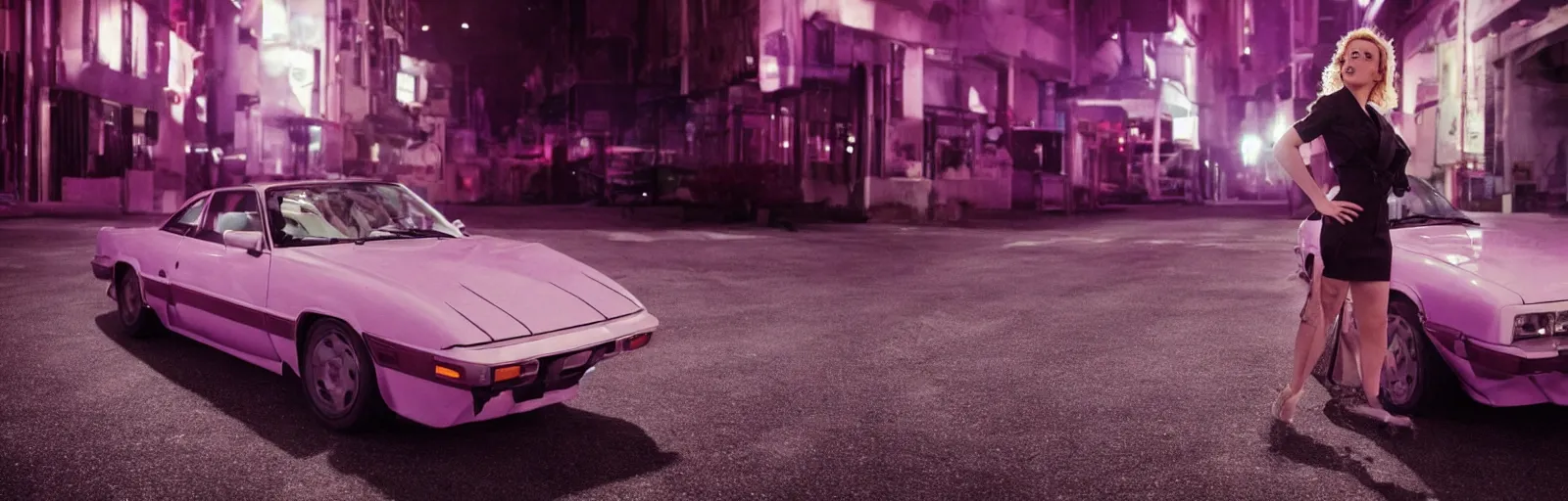 Prompt: 80s dressed Scarlett Johansson posing and in the background there two 80s sports cars parked on a deserted city street at night time, purple lighted street, wide angle, cinematic, retro-wave vibes, grainy, soft motion blur