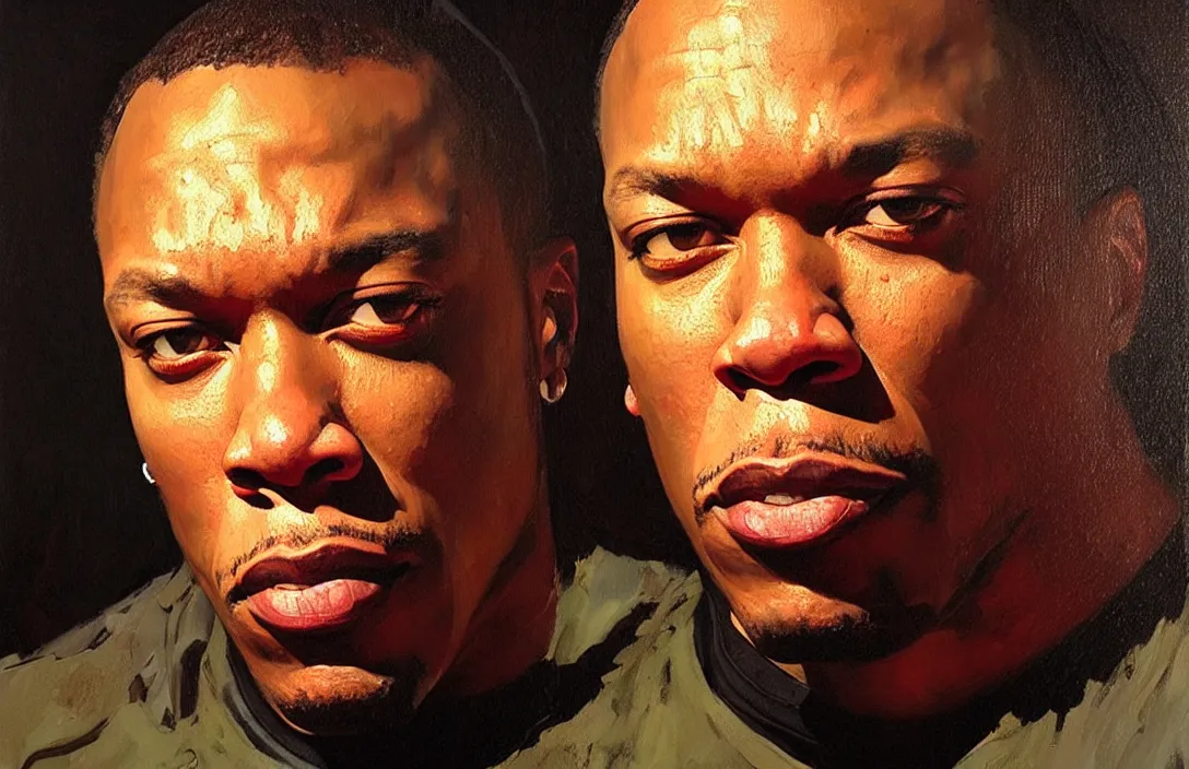 Image similar to portrait of dr dre!!!!!!!!!!!!!!!!!!!!!!!!!!!, detailed face, detailed painting,, epic lighting, by ilya repin, phil hale and kent williams