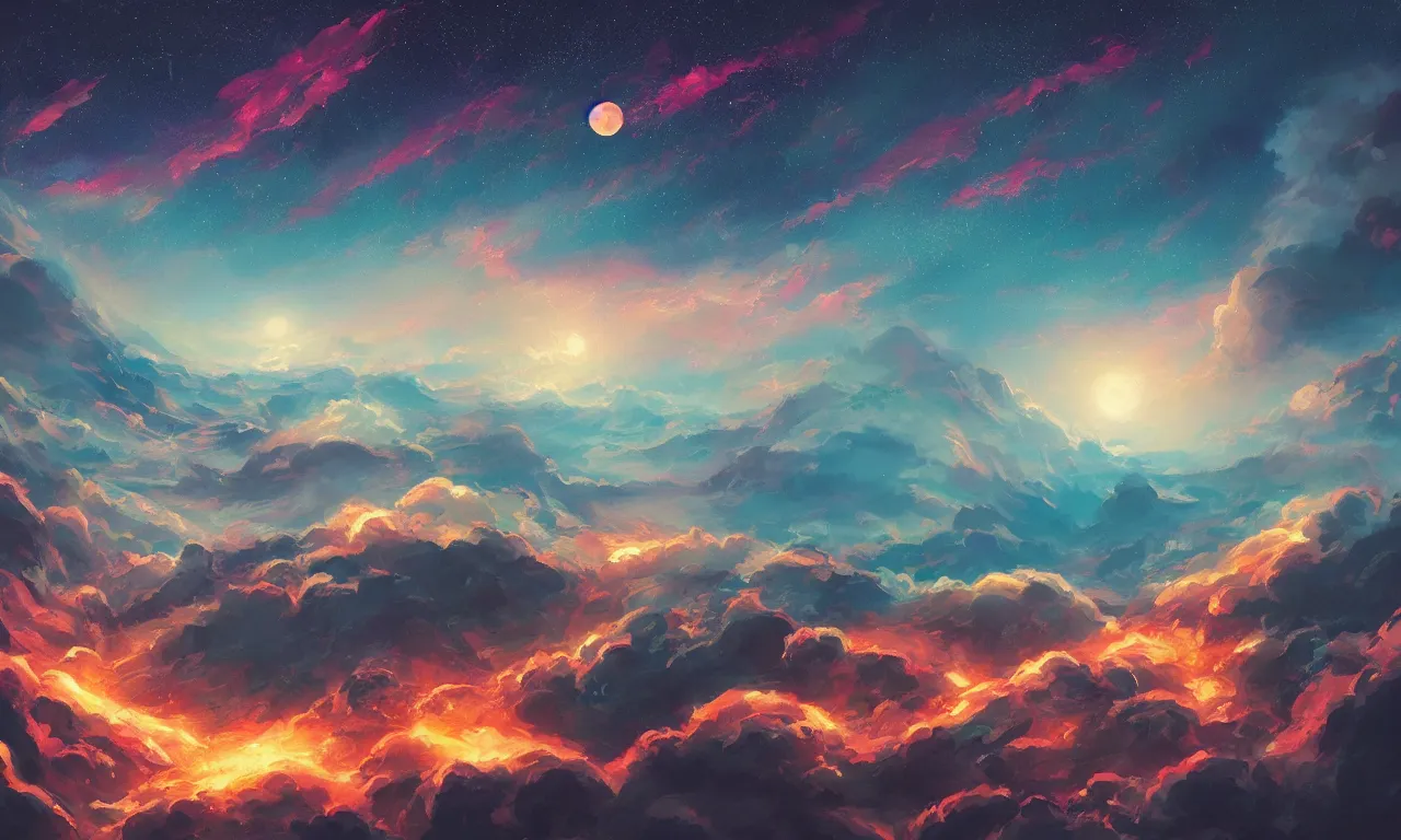 Prompt: a beautiful painting of fire sea, starry sky, moon ， cloud, by liam wong and yuumei and yanjun chen, trending on artstation