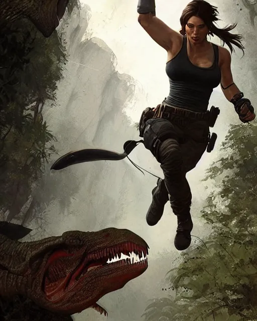 Image similar to lara croft fighting the tyrannosaurus rex | | realistic shaded, fine details, realistic shaded lighting poster by greg rutkowski, magali villeneuve, artgerm, jeremy lipkin and michael garmash and rob rey