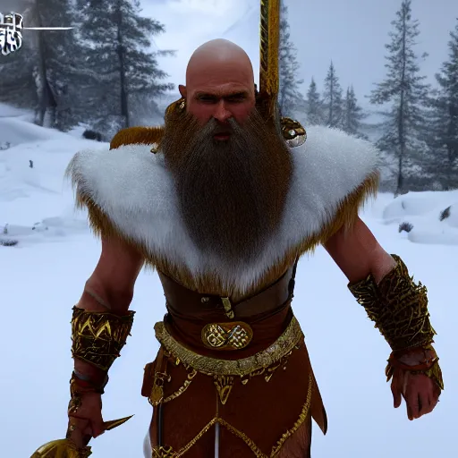 Prompt: highly detailed concept art golden kratos beard strong viking old golden armor in snow walking 8 k, unreal engine 5