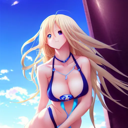 Image similar to a very beautiful young anime giantess from below, full body, long wavy blond hair, sky blue eyes, full round face, evil grin, bikini, miniskirt, front view, mid - shot, highly detailed, cinematic wallpaper by stanley artgerm lau
