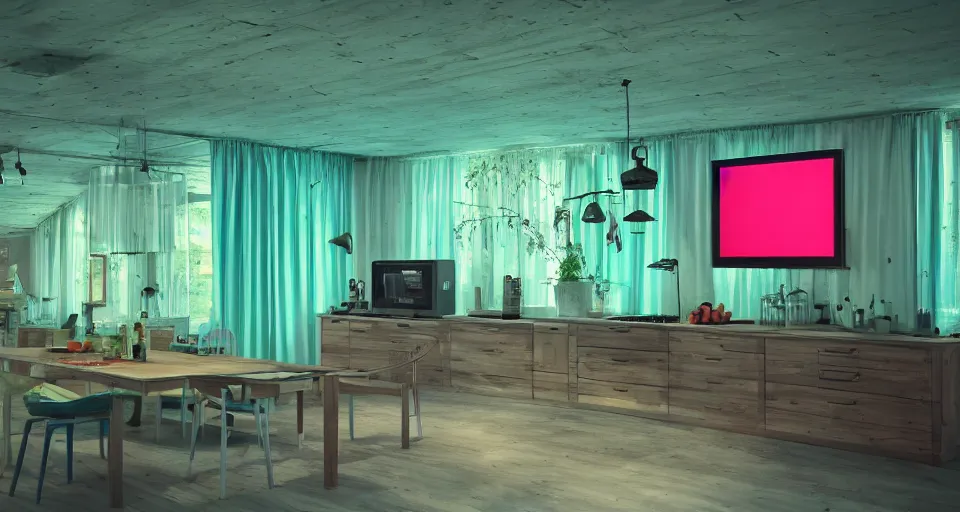 Image similar to IKEA catalogue photo, high end farm house style kitchen, tv screens, monitors, cyberpunk with neon lighting, cyan, orange, organic, vines, decay, by Beksiński