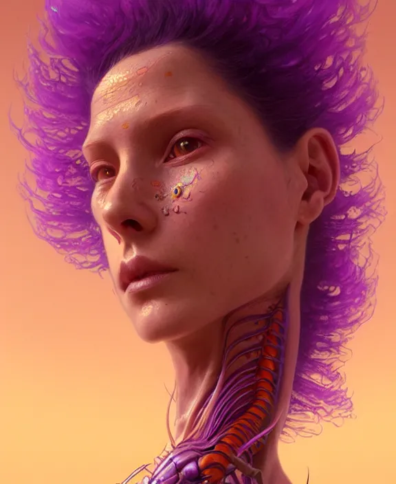 Prompt: intricate purple and orange portrait of a disturbing beautiful alien insect creature, mottling coloring, adorable, childlike, medical equipment hospital environment, ultra realistic, concept art, art nouveau, photorealistic, octane render, 8 k, unreal engine. art by christopher marley and artgerm and greg rutkowski and alphonse mucha