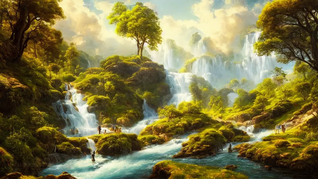 Image similar to the most beautiful panoramic landscape, oil painting, where a giant dreamy waterfall creates a river, the trees around are starting to bloom, cinematic lighting, highly detailed