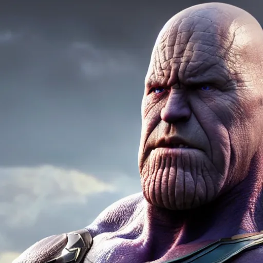 Image similar to Jonathan Banks as Thanos, HD promotional screenshot from new Avengers film, 8k ultra realistic, Marvel animation