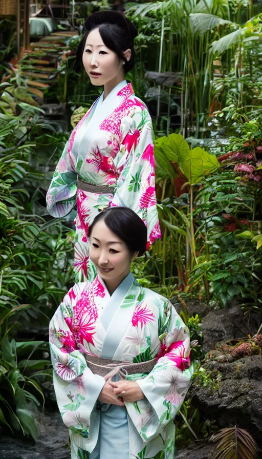 Prompt: photograph of a beautiful Japanese woman wearing a pretty kimono in a tropical greenhouse, by Annie Leibowiz, extremely detailed, 4K, 85mm lens, photorealistic, trending on artstation