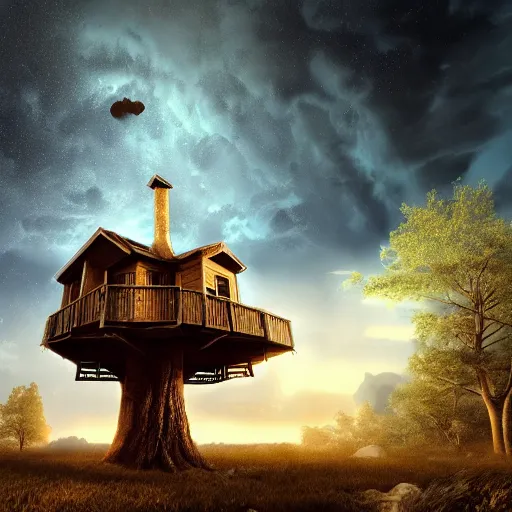 Image similar to an lone haunted treehouse on the moon, in a storm, golden hour, ray tracing reflection, 8k, hyper realistic, insanely detailed, hdr, octan render,