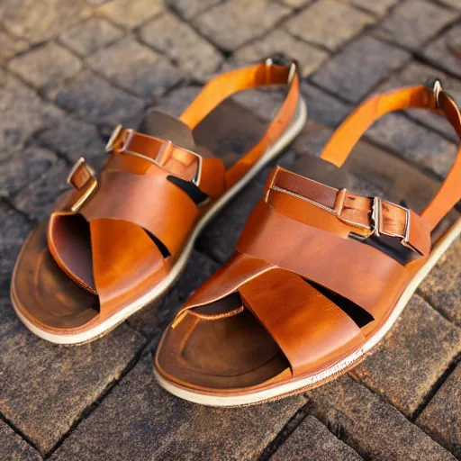 Image similar to sperry brown leather sandals with extremely long toe points, photorealistic