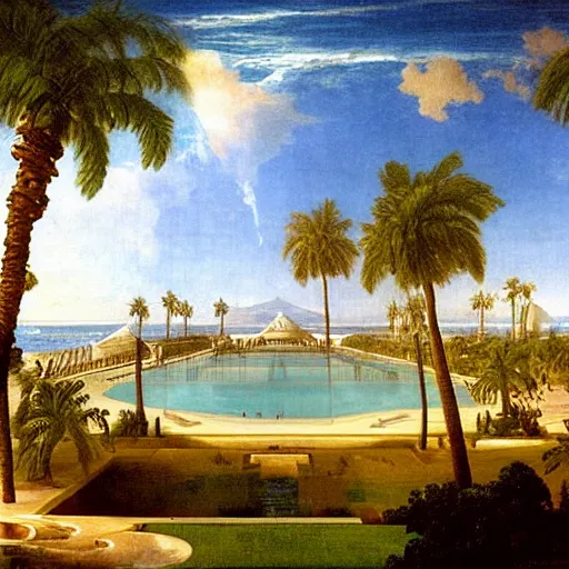 Image similar to The biggest palace ever made, thunderstorm, greek pool, beach and palm trees on the background major arcana sky, by paul delaroche, magazine photo from 2007, hyperrealistic 8k, very detailed