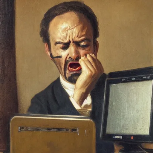 Image similar to an angry man screams at his computer monitor, oil on canvas, 1 8 8 3, highly detailed