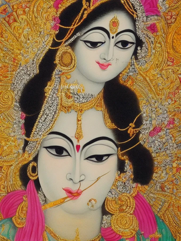 Prompt: a close up portrait of lord krishna, symmetric, beautiful painting, peaceful, calm, relaxing