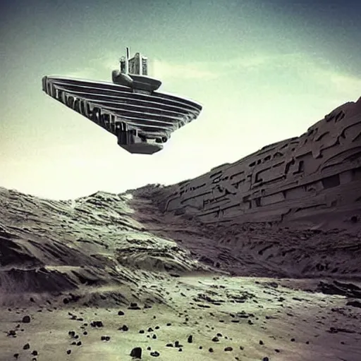 Image similar to Sci-Fi industrial futuristic Brutalism brutalistic huge huge flying carrier vehicle desert