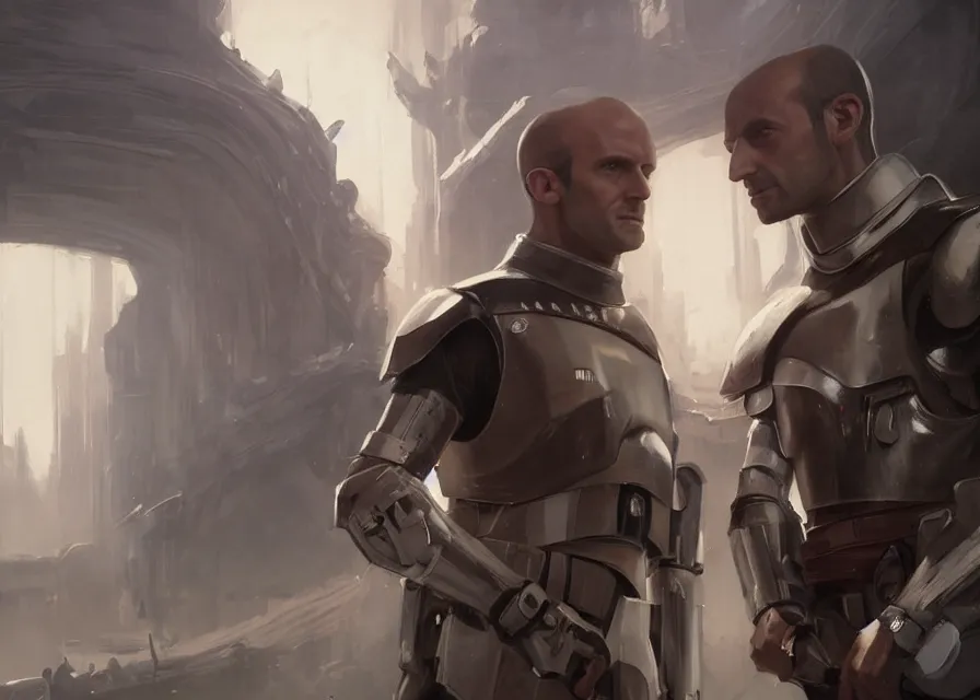 Image similar to painting portrait of Emmanuel Macron dressed as Arcann and as Thexan in Star Wars, sharp focus, waist up, trending on ArtStation, masterpiece, by Greg Rutkowski, by Ross Tran, by Fenghua Zhong, octane, clear eyes, soft render, clear facial features, oil on canvas, moody lighting, cinematic, professional environment concept art