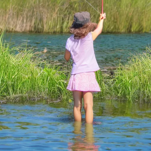 Prompt: young cute girl fishing, photography