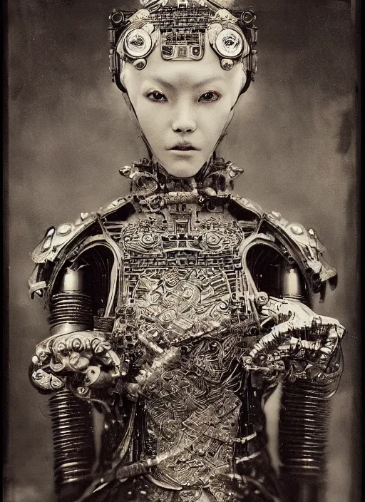 Image similar to old wetplate daguerreotype frame portrait of a futuristic silver armored geisha district 9 cyborg, fractal, intricate, elegant, highly detailed, subsurface scattering, by jheronimus bosch and greg rutkowski and louis jacques mande daguerre