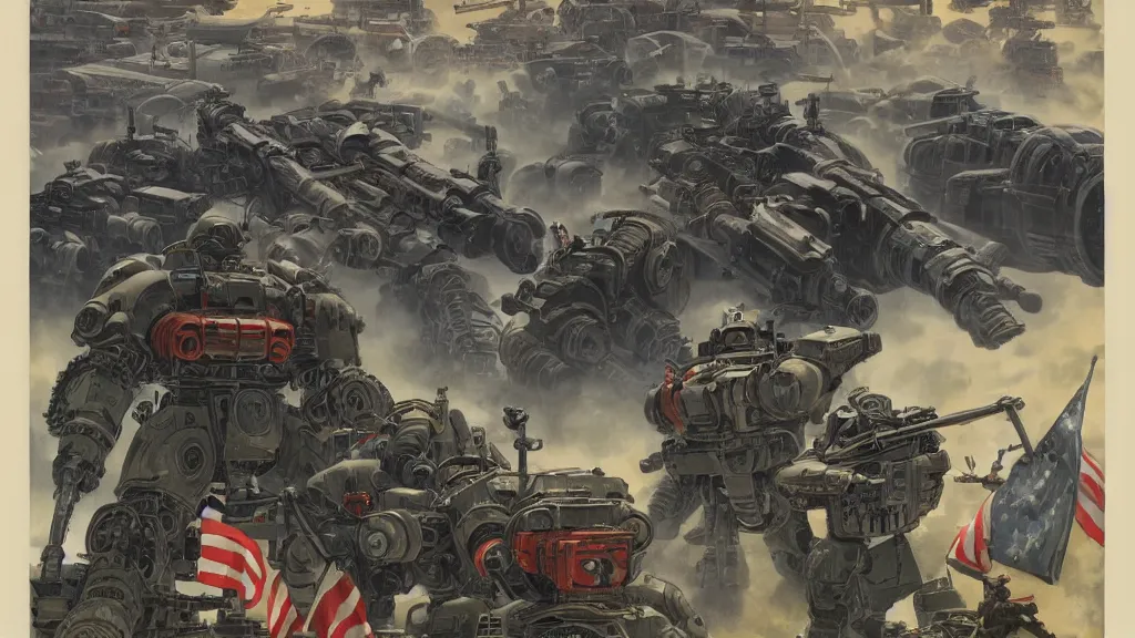 Image similar to American mechs take Okinawa, sci-fi illustrations, WWII propaganda poster, highly detailed, intricate, photorealistic, award-winning, patriotic, american, dark, gritty, oil painting