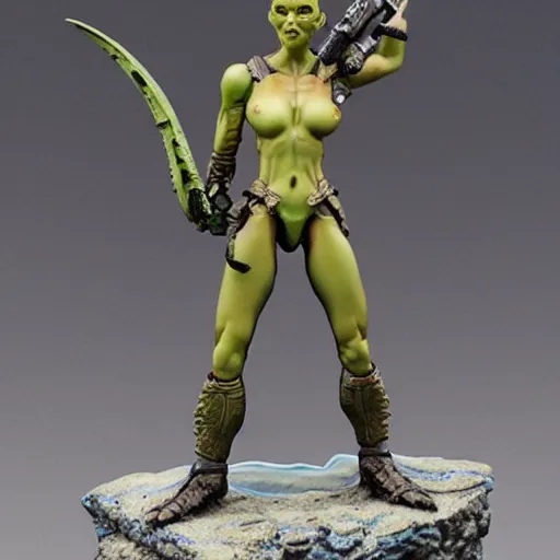 Prompt: 80mm resin detailed miniature of a Alien with a Human Female Warrior, Product Introduction Photos