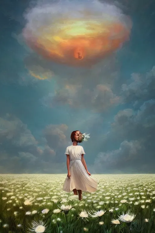 Image similar to giant white daisy flower as head, woman dancing in a flower field, surreal photography, sunrise, dramatic light, impressionist painting, colorful clouds, digital painting, artstation, simon stalenhag