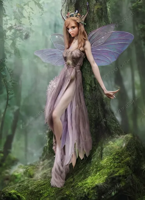 Prompt: beautiful photorealistic matte painting full body portrait fairy faerie fey fae queen standing in forest highly detailed subtle enchanting magic