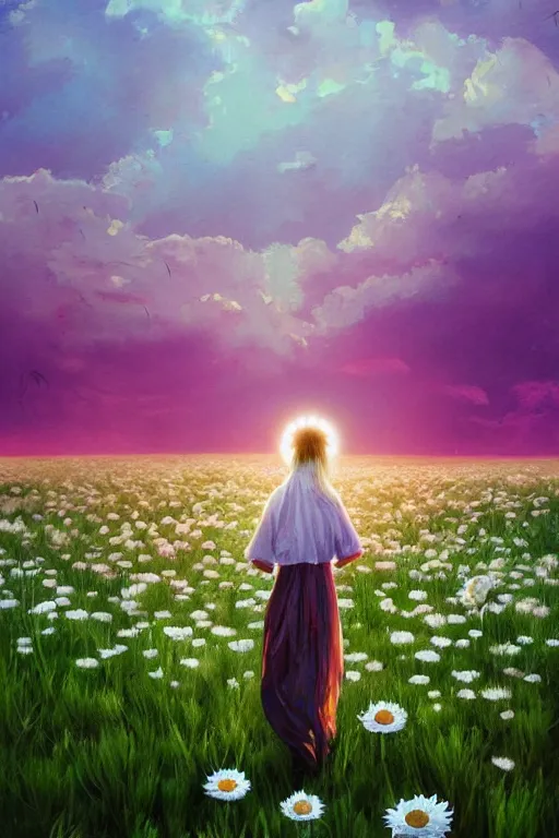 Prompt: giant white daisy flower as head, girl walking in a flower field, surreal photography, sunrise, dramatic light, impressionist painting, colorful clouds, digital painting, artstation, simon stalenhag