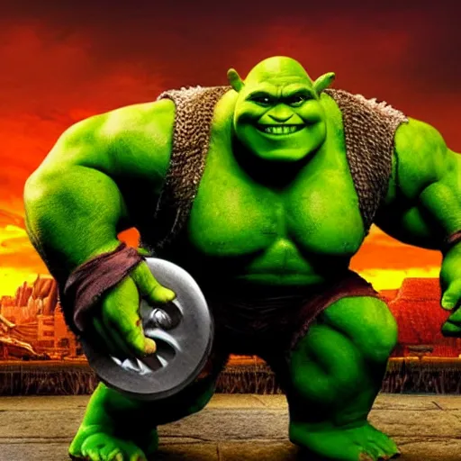 Prompt: shrek ( ogre form ) wrestling with the incredible hulk, marvel style, high budget blockbuster, cinematic