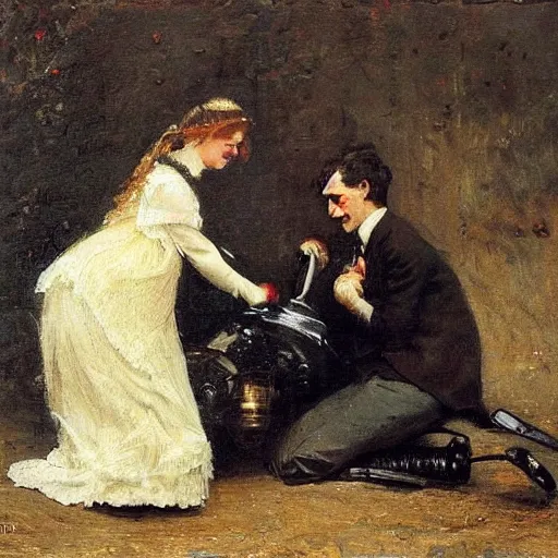 Prompt: young victorian man and woman diffusing a bomb, painted by alfred stevens