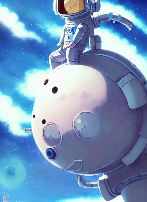 Image similar to portrait of cute kawaii astronaut android floating around a large biomechanical kaiju dragon, nebulous background of dynamic space, a dramatic composition by wlop and greg rutkowski and makoto shinkai and studio ghibli and kyoto animation cute bubbly clothing