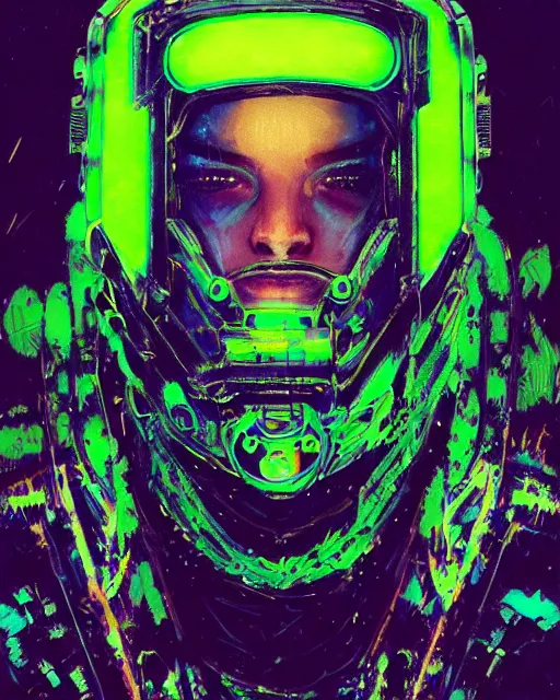 Image similar to detailed portrait cyberpunk helmet futuristic neon, reflective green coats, decorated with traditional japanese ornaments by Ismail inceoglu dragan bibin hans thoma greg rutkowski Alexandros Pyromallis Nekro Rene Maritte Illustrated, Perfect face, fine details, realistic shaded, fine-face, pretty face