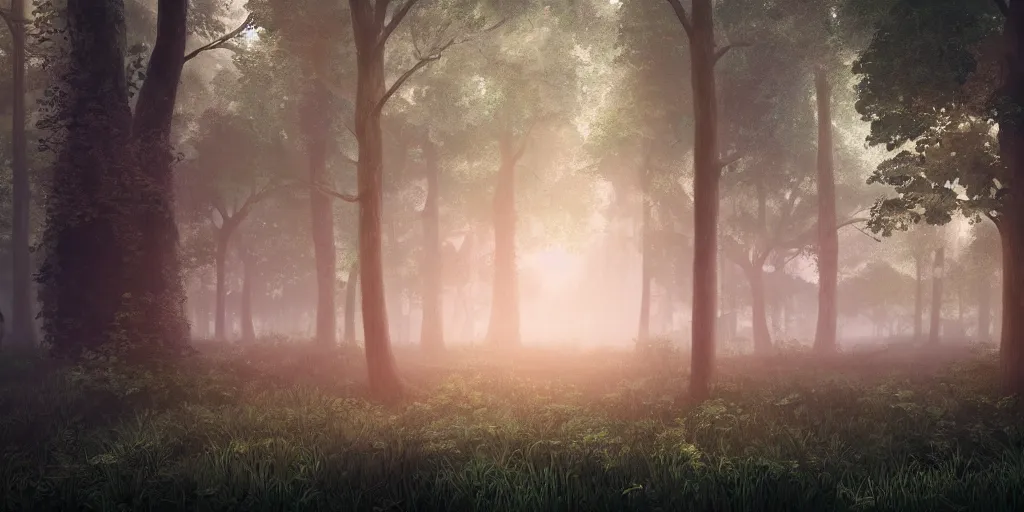 Image similar to a highly detailed digital painting of a luscious fantasy forest, volumetric lighting, atmospheric fog, 8 k render