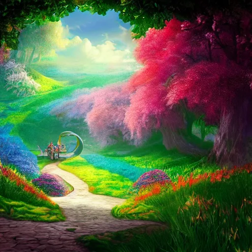 Image similar to alice in wonderland type of scenery. Vivid clolors. Computer art. Artstation. High resolution. 4k. - h 1200