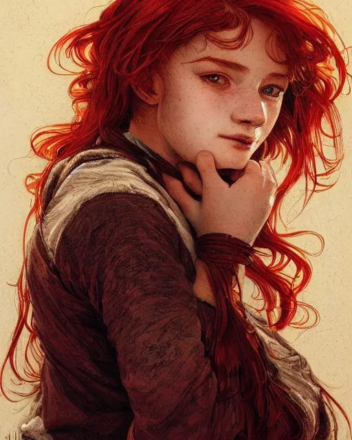 Image similar to portrait of 1 4 - year - old girl with flaming red hair, a lot of freckles, and bright brown eyes, wearing shirt, hyper realistic face, beautiful eyes, fantasy art, in the style of greg rutkowski, intricate, alphonse mucha, hyper detailed, smooth