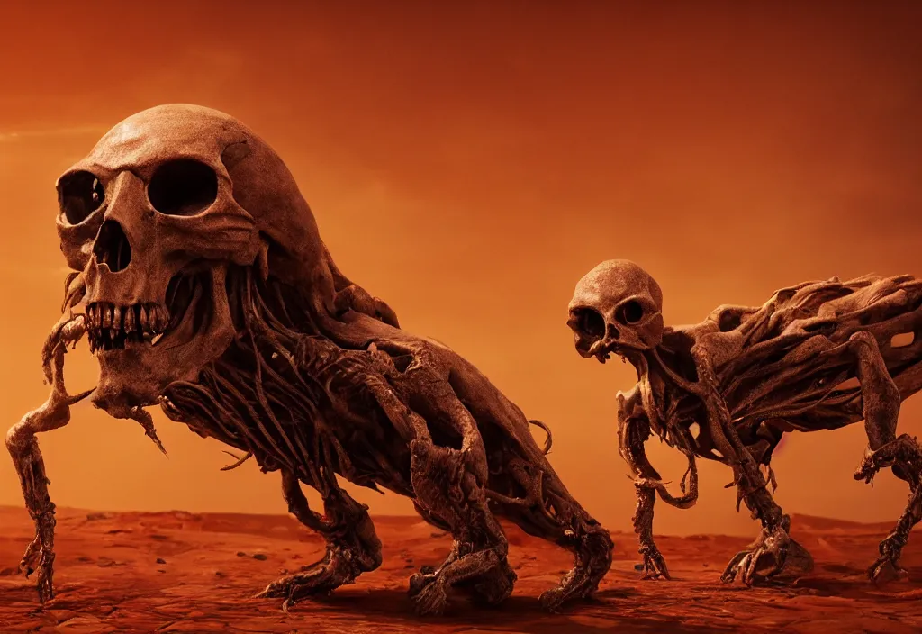 Image similar to eldritch animal alien skull in a dessert in mars, photorealistic, film, cinematic lighting, octane tender, volumetric light, dark - art