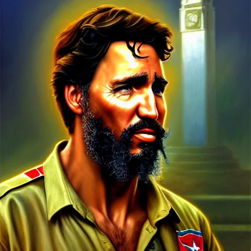 Prompt: epic portrait of justin trudeau as fidel castro havana cuba background detailed digital painting artstation concept art, donato giancola, joseph christian leyendecker, wlop, boris vallejo, breathtaking, high details, extremely detailed, confused face, establishing shot, artistic, hyper realistic, beautiful face, octane render