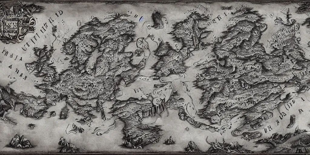 Prompt: ancient map of a fantasy land, hand drawn, hyperrealistic, hd 4 k, artstation