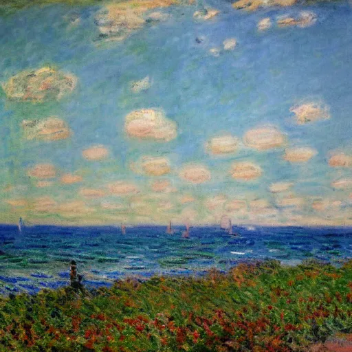 Prompt: a coastal landscape painted by claude monet