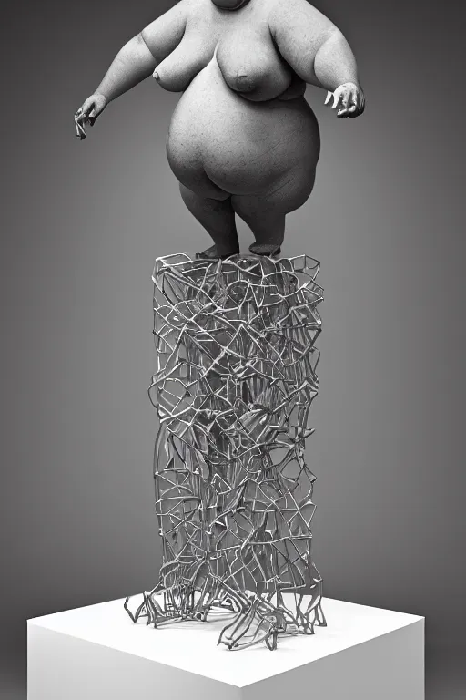 Prompt: human geometric biological structure made of skin and hair standing on two legs on a plinth, overweight, obese, intricate, elegant, highly detailed, hyper - realist sculpture by john isaac