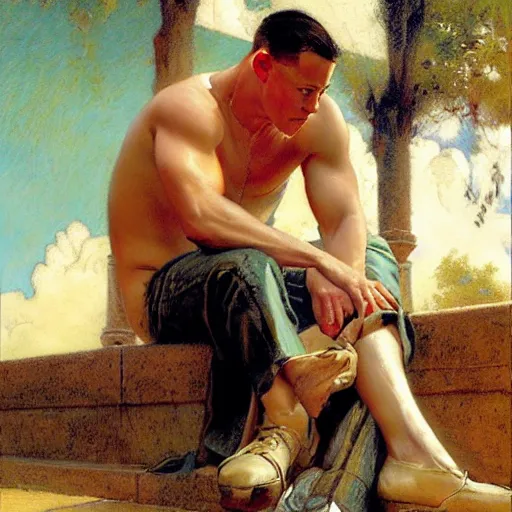 Image similar to channing tatum ties his shoes on a hot and sweaty summer day, painting by gaston bussiere, craig mullins, j. c. leyendecker, tom of finland