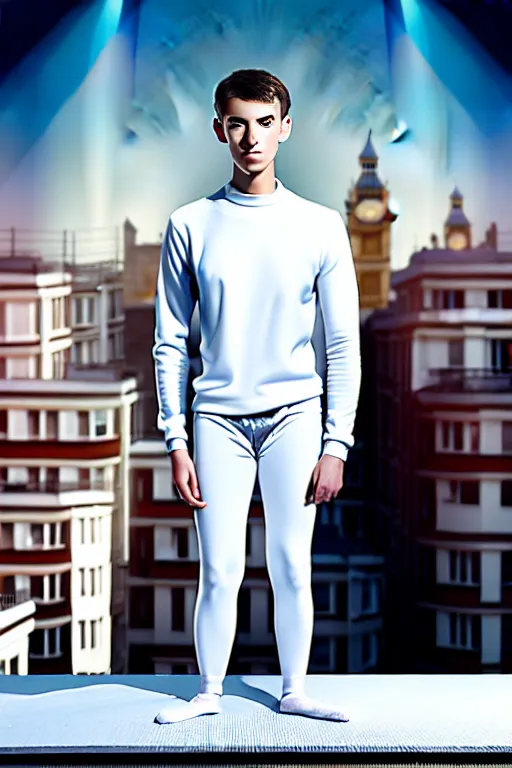 Image similar to un ultra high definition studio quality photographic art portrait of a young man standing on the rooftop of a british apartment building wearing soft padded silver pearlescent clothing. three point light. extremely detailed. golden ratio, ray tracing, volumetric light, shallow depth of field. set dressed.