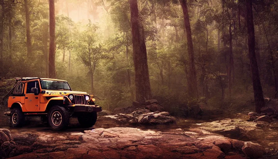 Prompt: Mahindra thar, in the forest, plants environment, wide angle, cinematic lighting, atmospheric, realistic, octane render, highly detailed, color graded, in the style of craig mullins